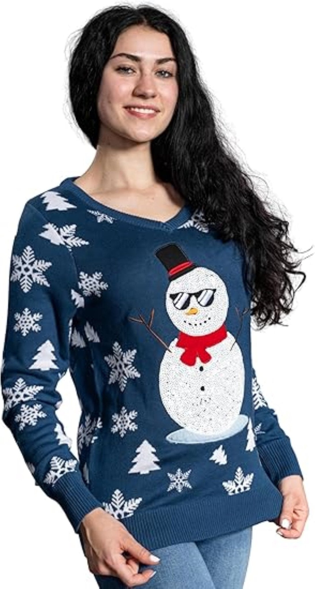 Women’s Flashy Sequin Funny Snowman Ugly Christmas Sweater - TVStoreOnline