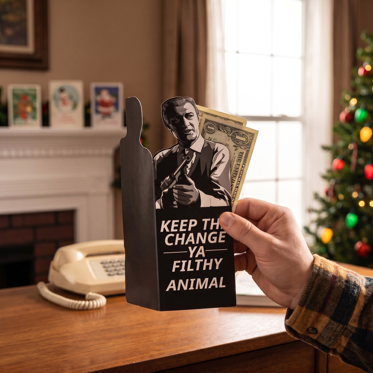 Hand pulling cash from the Ya Filthy Animal money card at a desk by a Christmas tree