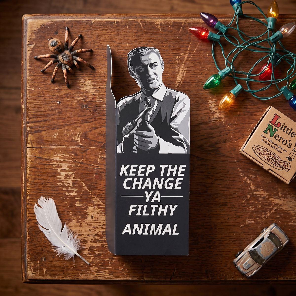 Ya Filthy Animal card flat lay on wood with a toy spider, string lights, feather and toy car
