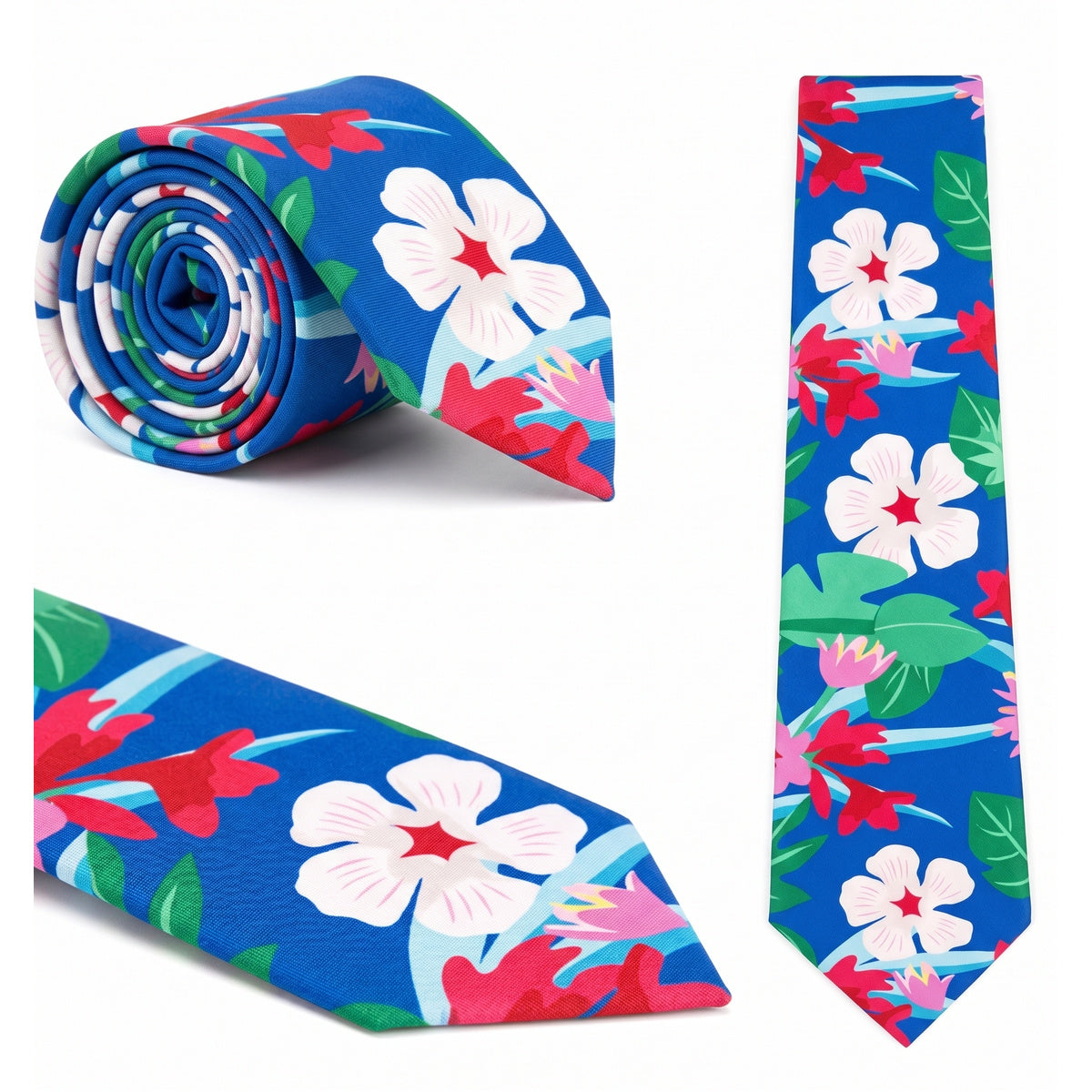 Rolled Hawaiian floral tie with close-ups of the tip and blade on white