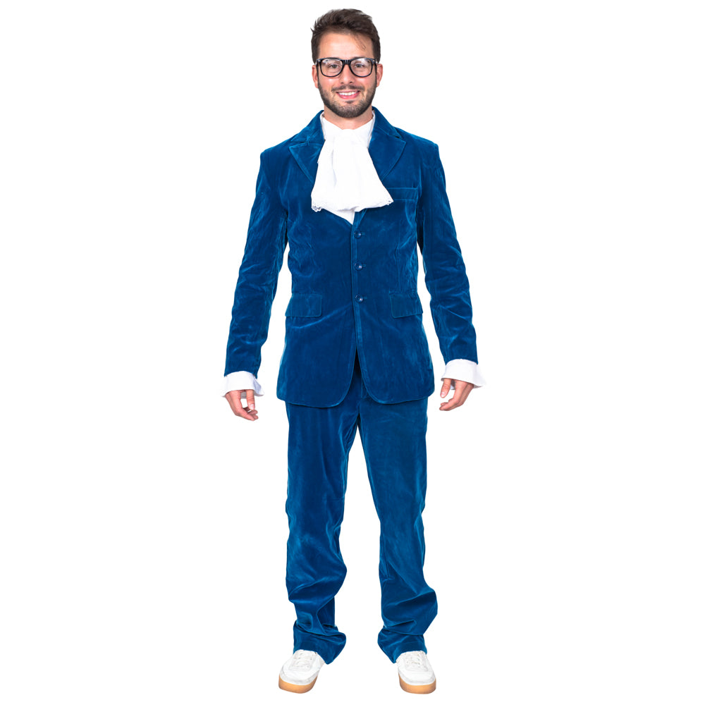 60's Groovy British Spy Funny Man Blue Suit Adult Halloween Costume Set Cosplay