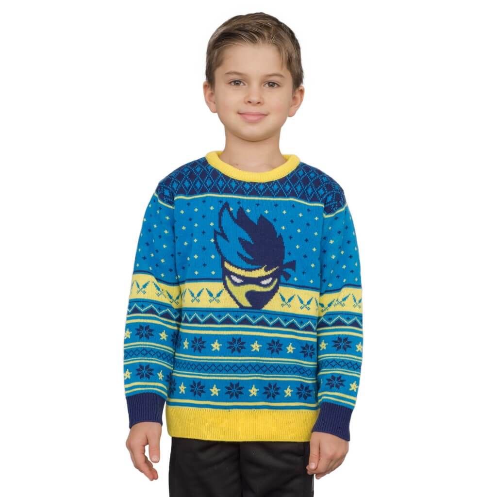 Ninja Blue and Yellow Ninja Logo Christmas Pattern Ugly Sweater 4