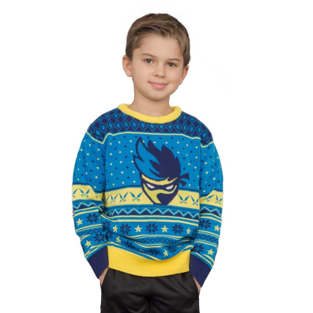 Ninja Blue and Yellow Ninja Logo Christmas Pattern Ugly Sweater 6