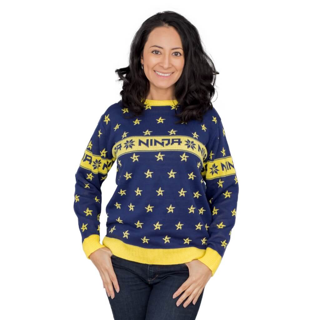 Ninja Navy and Yellow Ninja Stars Pattern Ugly Sweater 11