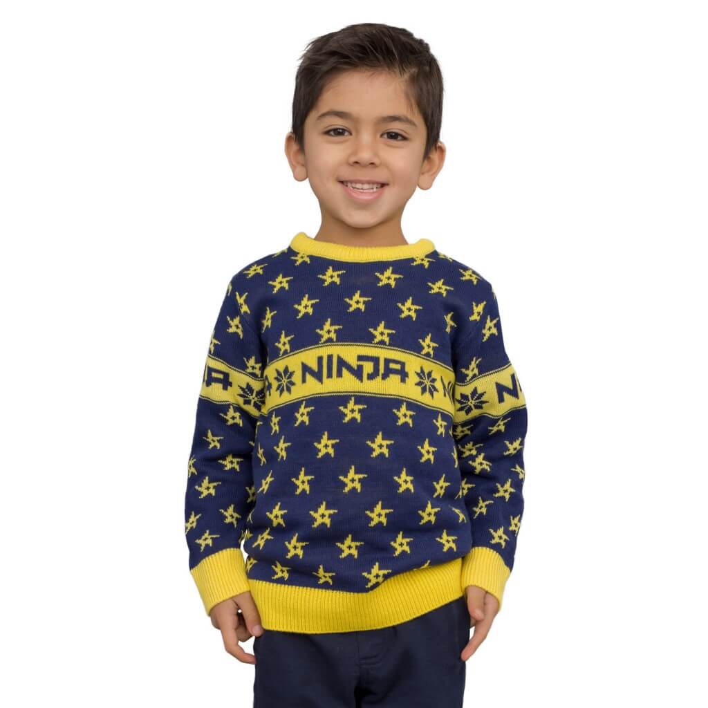 Ninja Navy and Yellow Ninja Stars Pattern Ugly Sweater 4