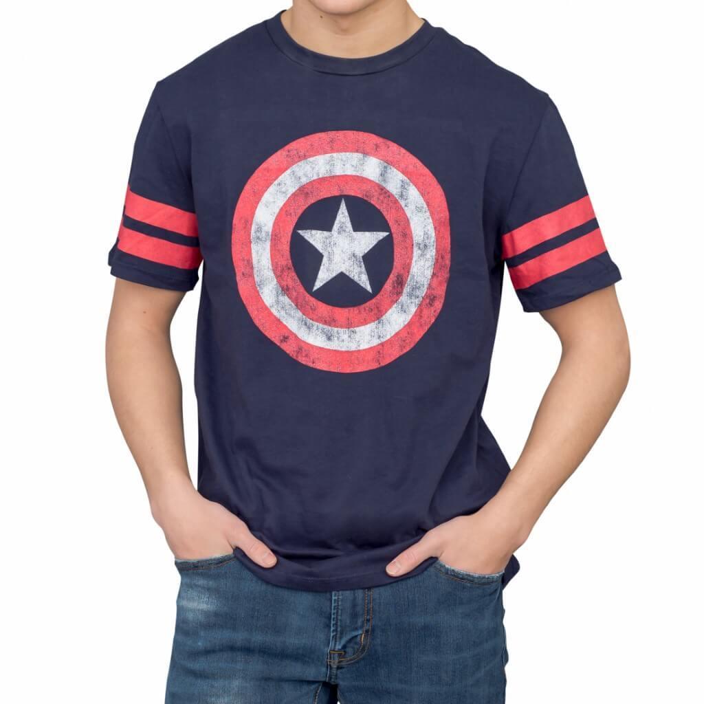 Captain America Distressed Shield Striped Sleeves T-shirt-tvso