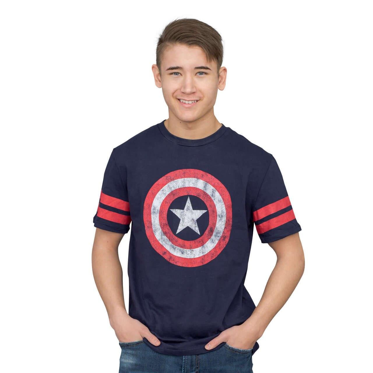Captain America Distressed Shield Striped Sleeves T-shirt-tvso