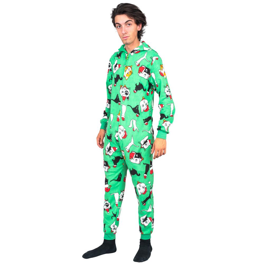 Christmas Cat Pajamas Cozy Fair Isle Union Suit Adult Green Jumpsuit - TVStoreOnline