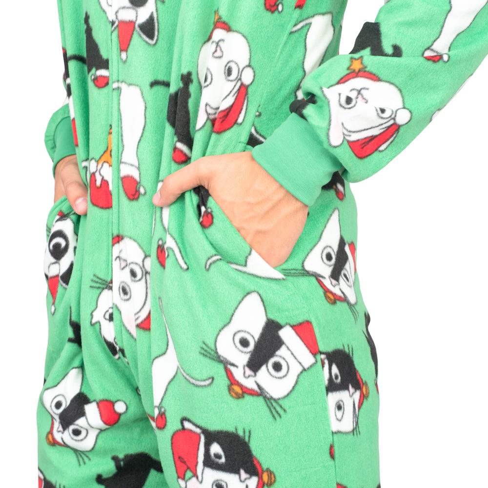 Christmas Cat Pajamas Cozy Fair Isle Union Suit Adult Green Jumpsuit - TVStoreOnline