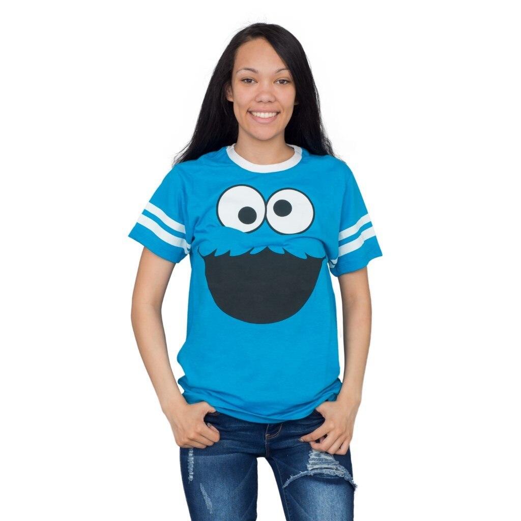 Cookie Monster Face With Striped Seeves T-shirt-tvso