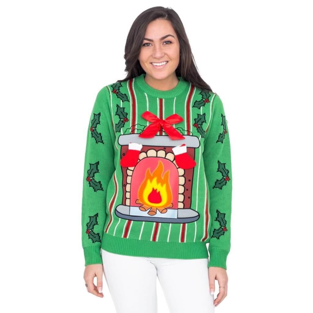 Fireplace LED Light Up Green Ugly Christmas Sweater-tvso