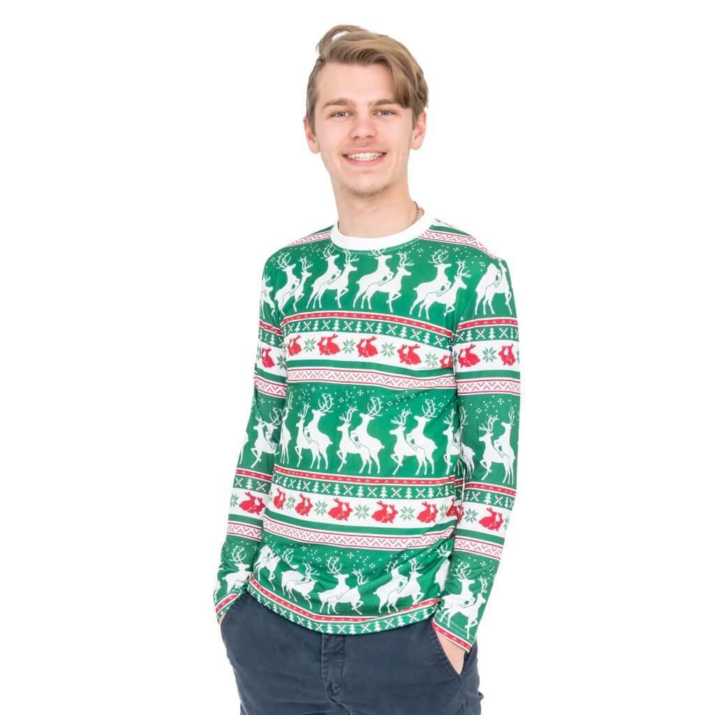 Green Reindeer All Over Ugly Christmas T-Shirt-tvso