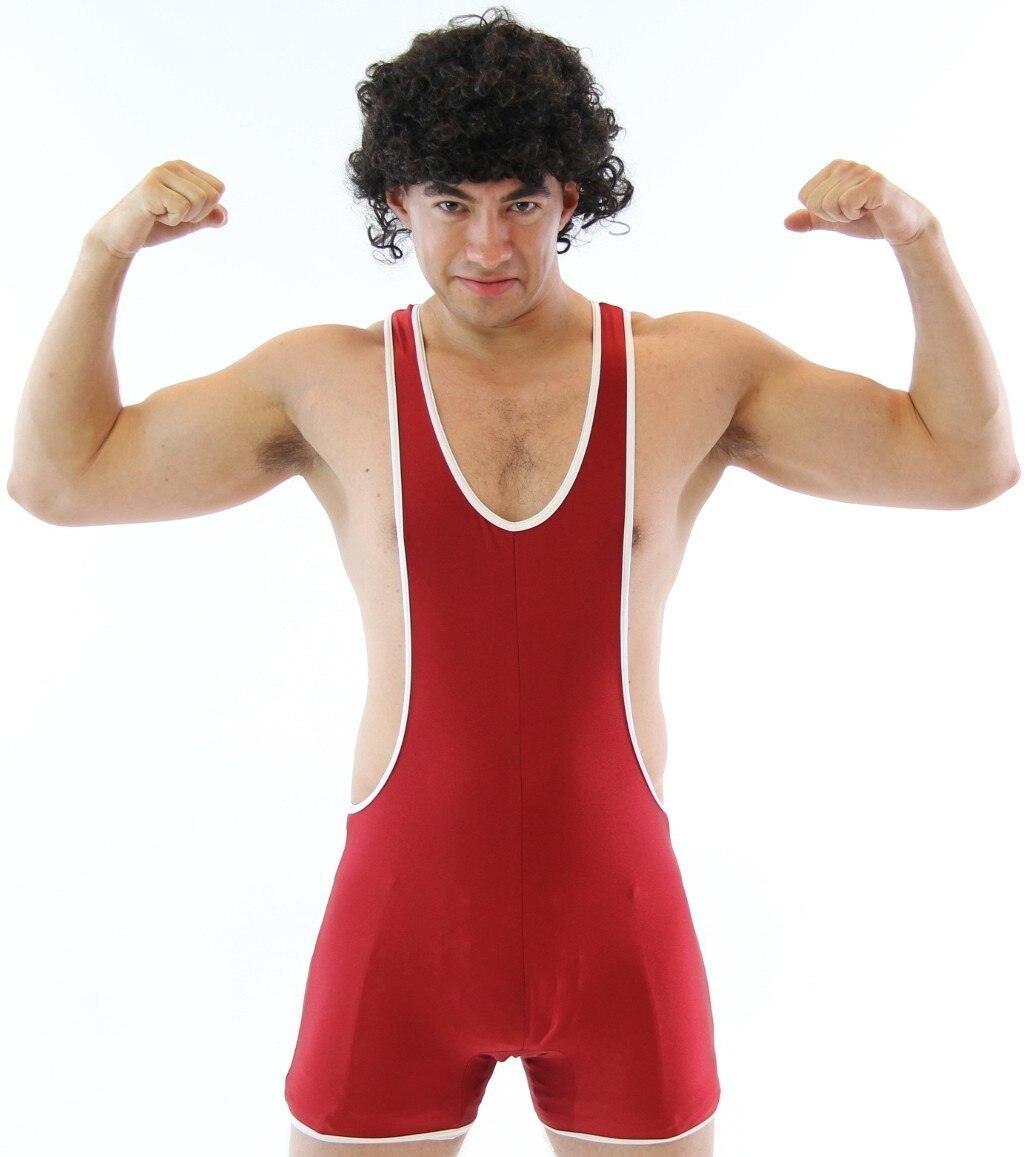 High School Gym Wrestling Team Wrestler Uniform Costume Singlet & Wig-tvso