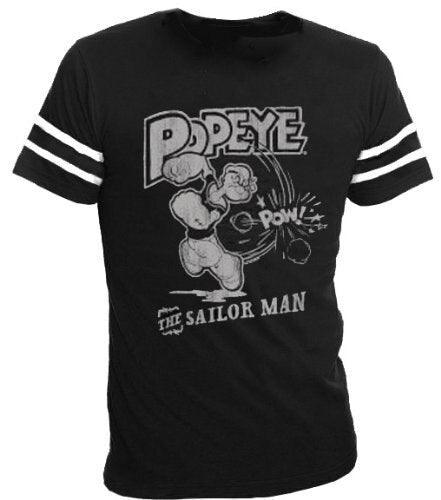 Popeye the Sailorman Pow Black with Striped Sleeves T-shirt-tvso