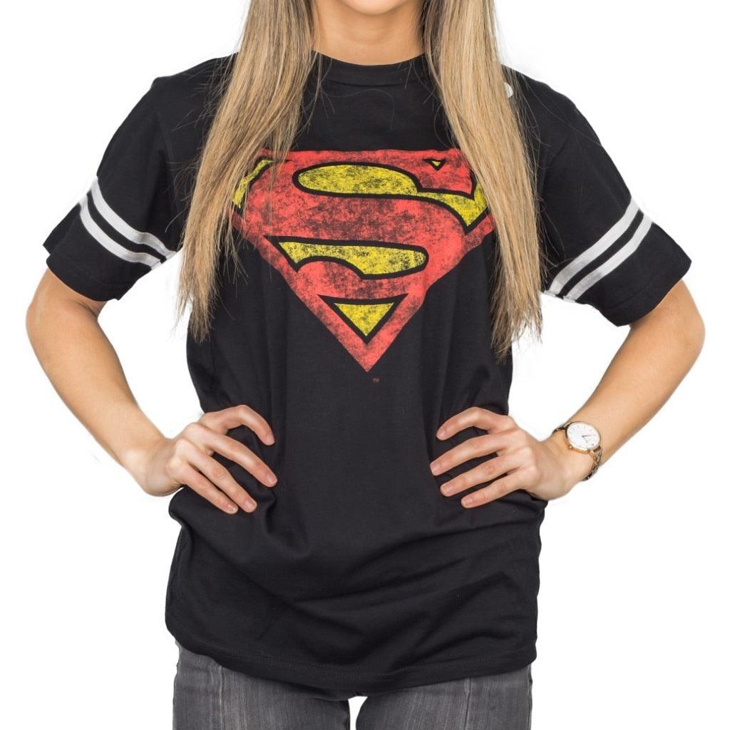Superman Distressed Logo With Striped Sleeves Black Adult T-shirt - Superman Superman Distressed Logo With Striped Sleeves Black Adult T-shirt - Superman