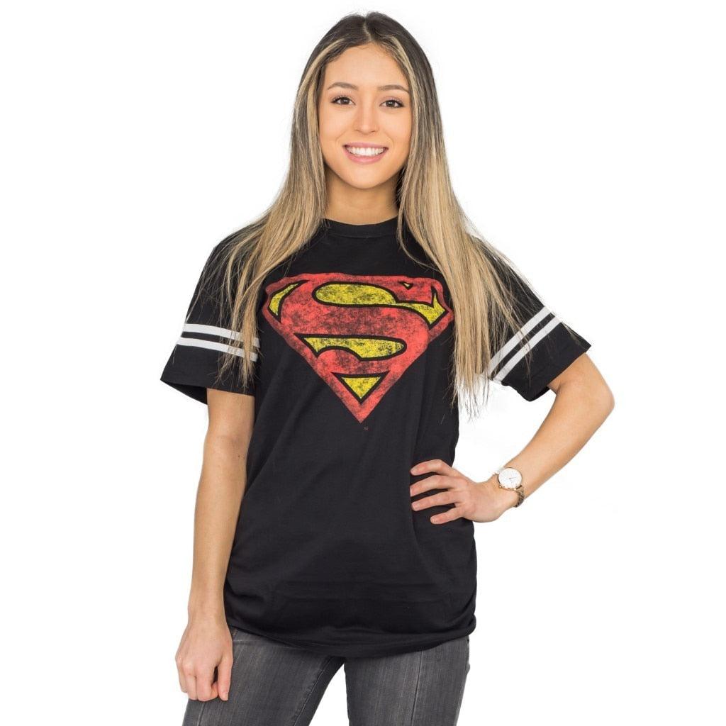 Superman Distressed Logo With Striped Sleeves T-shirt-tvso