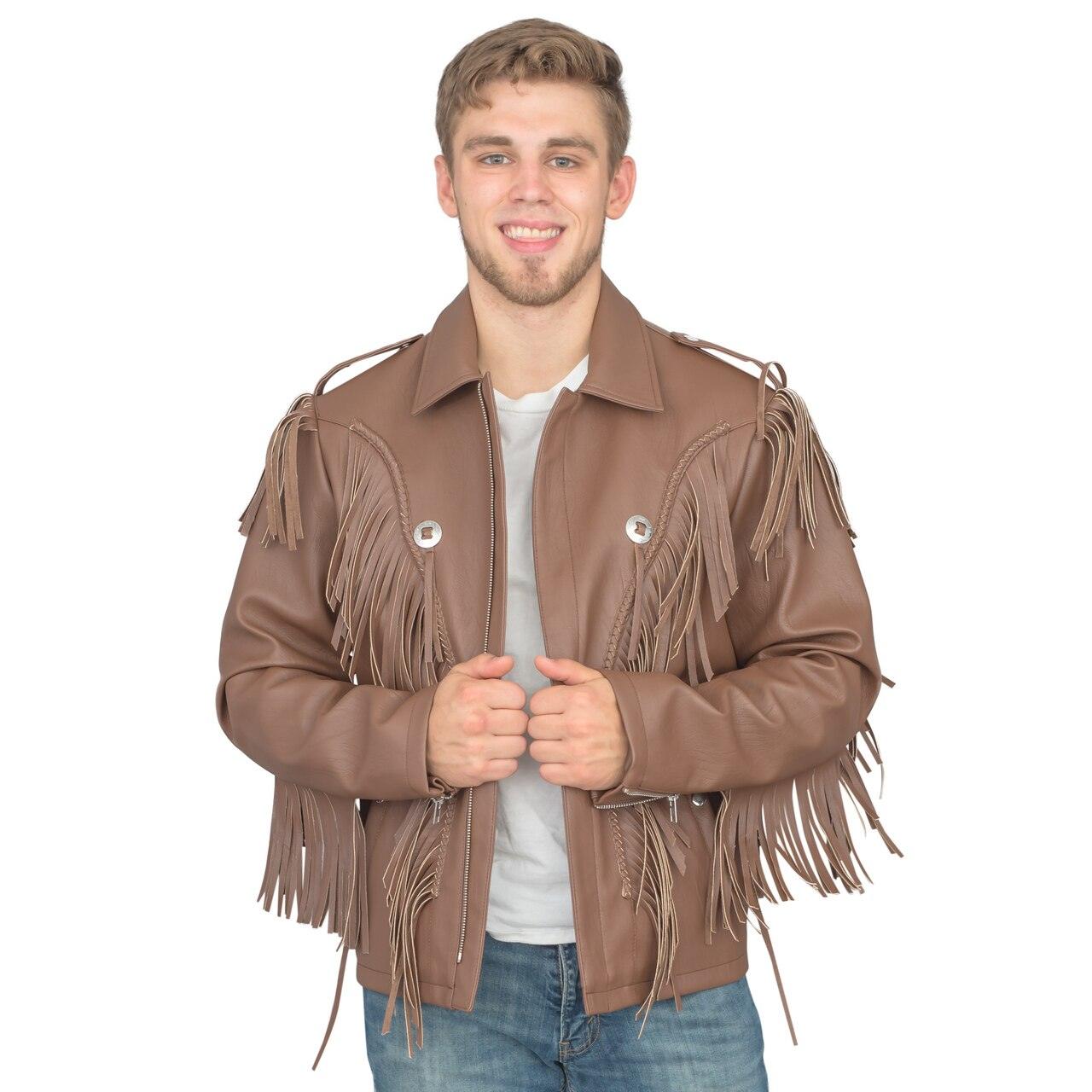 Cowboy Traditional Leather Western Jacket with Fringe Halloween Costum picture