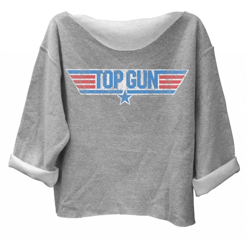 Top Gun Distressed Logo Off the Shoulder Fleece Sweatshirt-tvso
