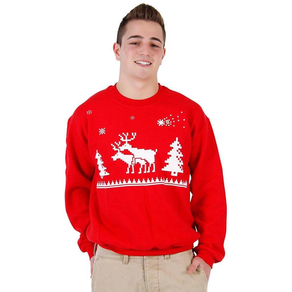 Ugly Christmas Humping Reindeer & Pine Trees 8-Bit Red Sweatshirt-tvso