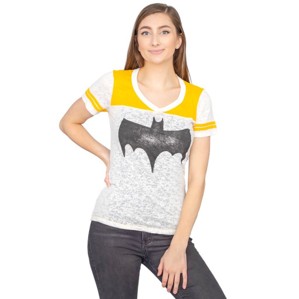 Vintage Batman Logo Juniors Burnout T-shirt with Striped Sleeves-tvso