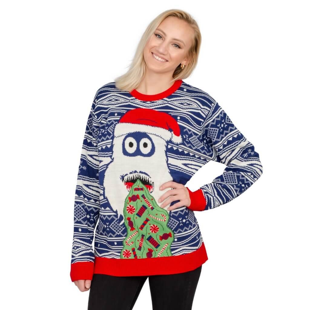 Women's Yeti Santa Hat Throw up Candy Ugly Christmas Sweater - TVStoreOnline