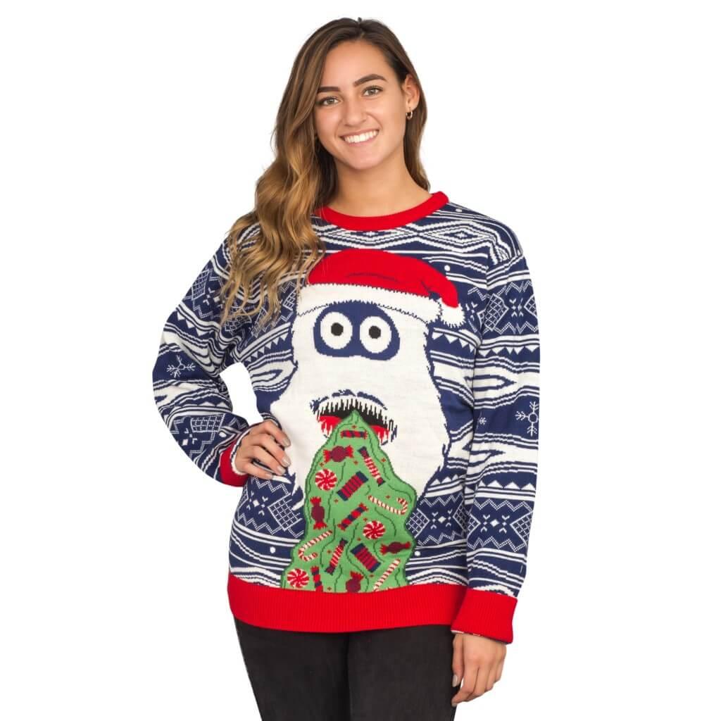Women's Yeti Santa Hat Throw up Candy Ugly Christmas Sweater - TVStoreOnline