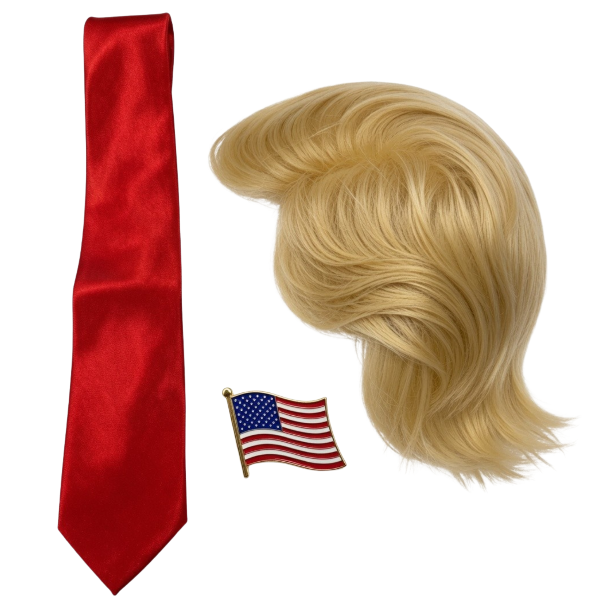 Trump Wig, Tie, USA Pin Unisex Halloween Cosplay Costume Accessory Set