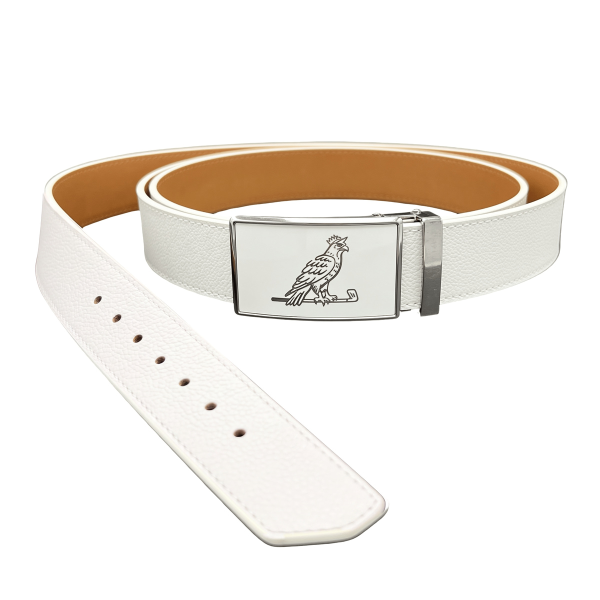 White Golfer Lonnie costume belt with silver bird and golf club buckle, coiled on white