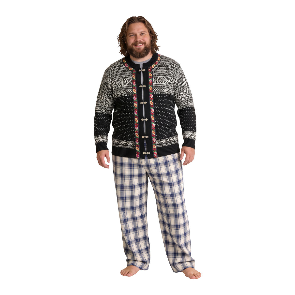 Man in the Thunder God Nordic knitted cardigan with plaid lounge pants, front view on white