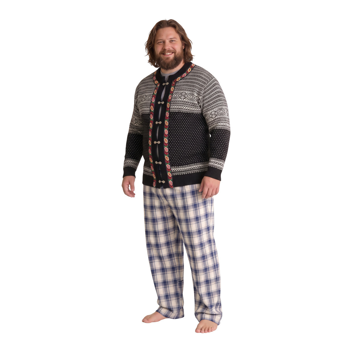 Man in the Thunder God knitted cardigan, three-quarter view on white