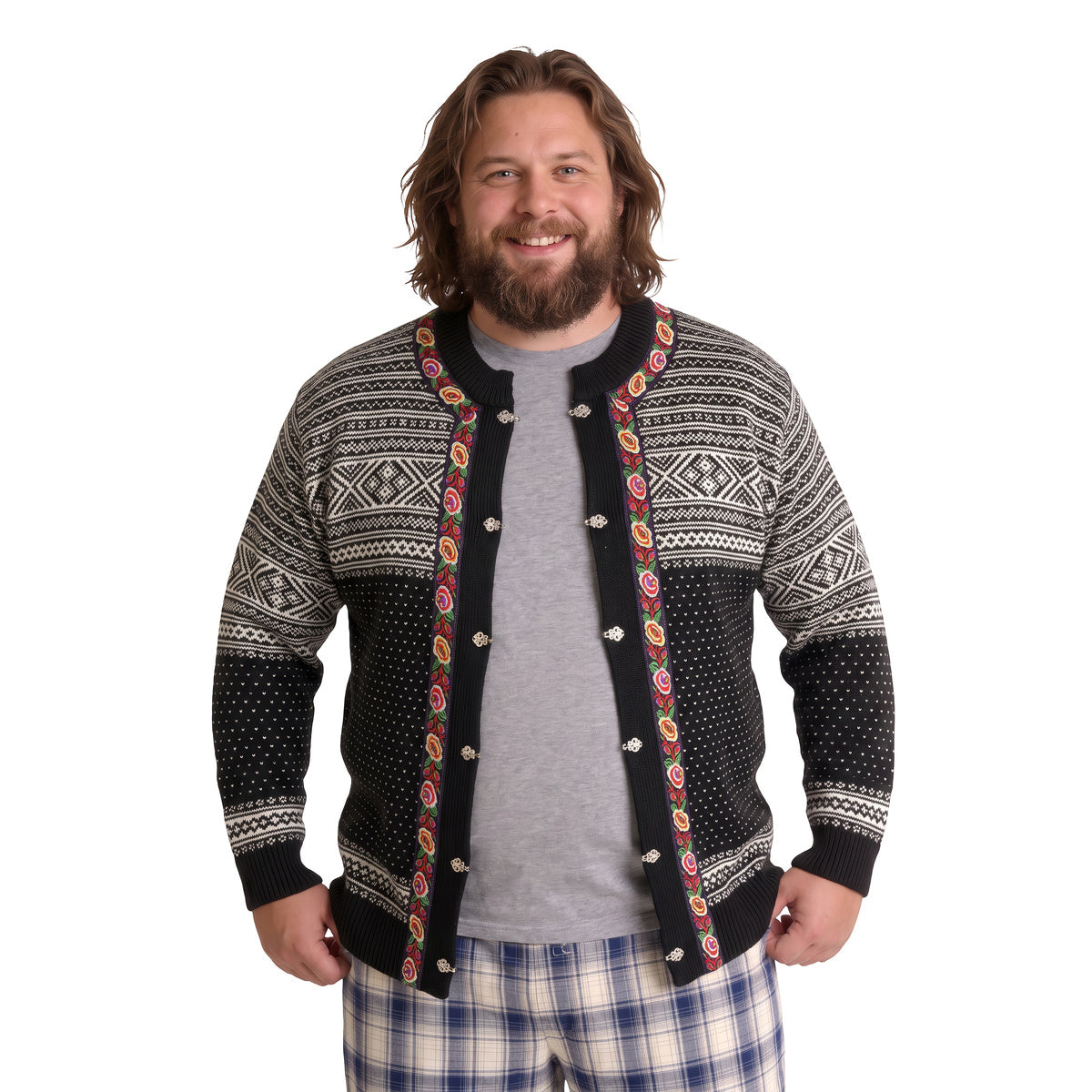 Man wearing the Thunder God cardigan open over a gray tee, waist-up view on white