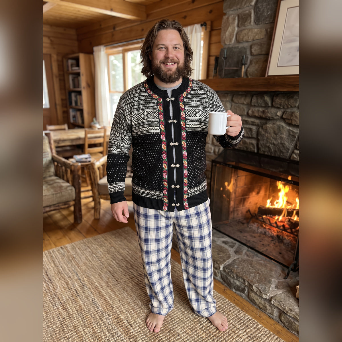 Man holding a mug by a stone fireplace in the Thunder God knitted cardigan