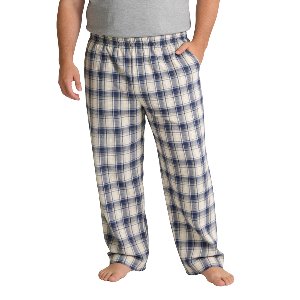 Close-up of the blue and cream plaid pattern on the Thunder God lounge pants