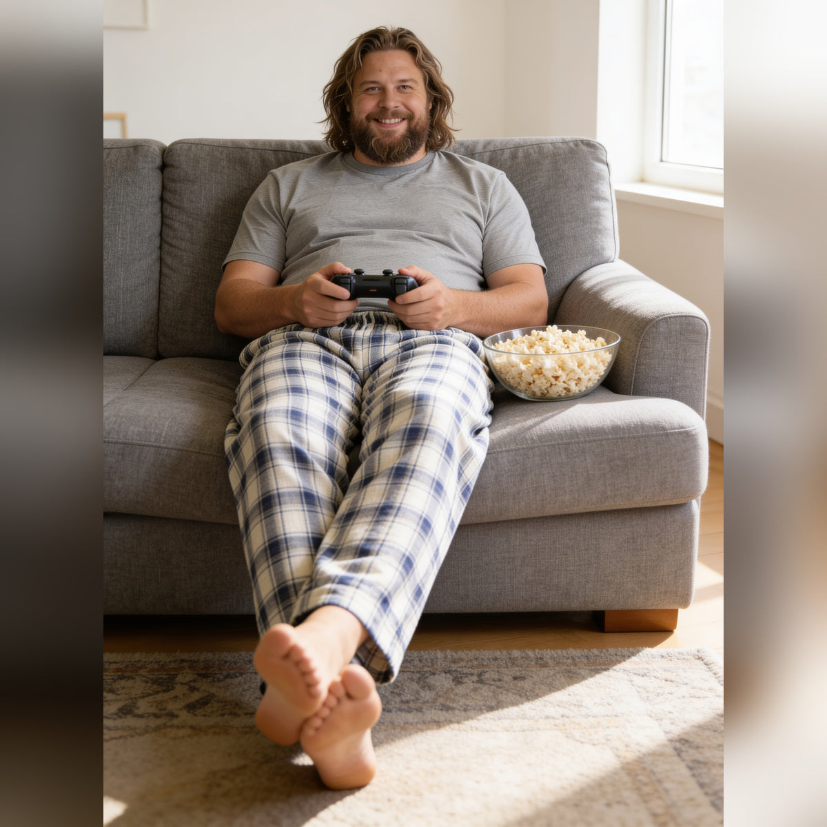Man relaxing on a sofa with a game controller and popcorn in the plaid lounge pants