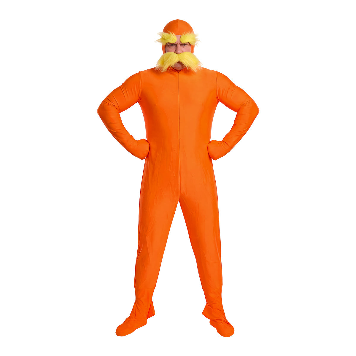 Man in an orange spandex jumpsuit costume with head cover, blond mustache and eyebrows, front view