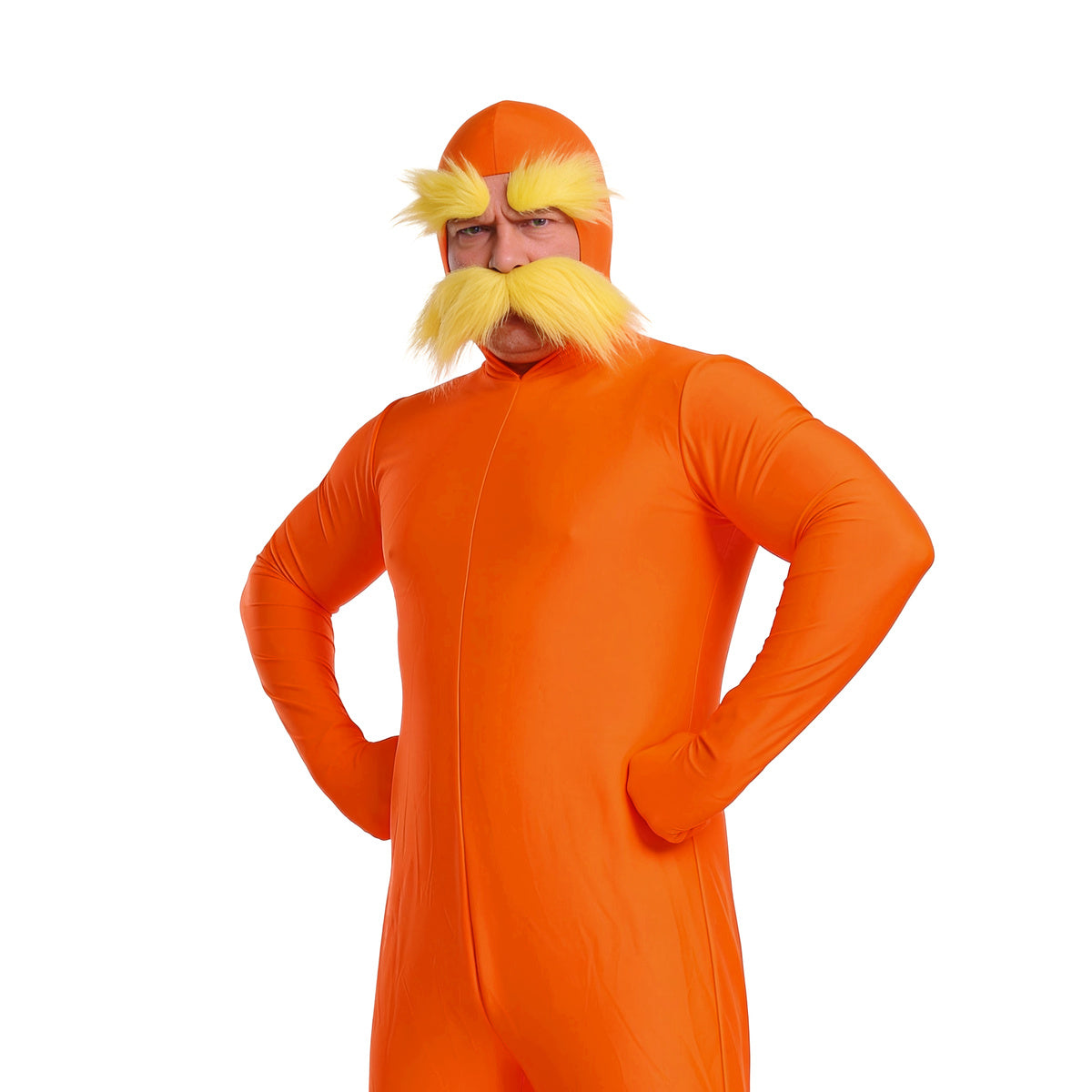 Close-up of the orange head cover with an oversized blond mustache and bushy eyebrows