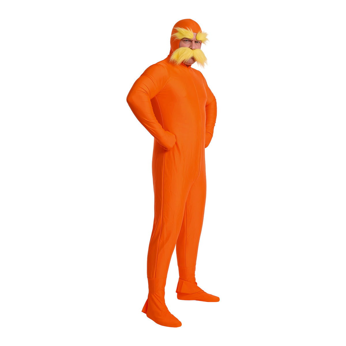 Orange spandex jumpsuit costume with mustache and eyebrows, three-quarter angle full-length view