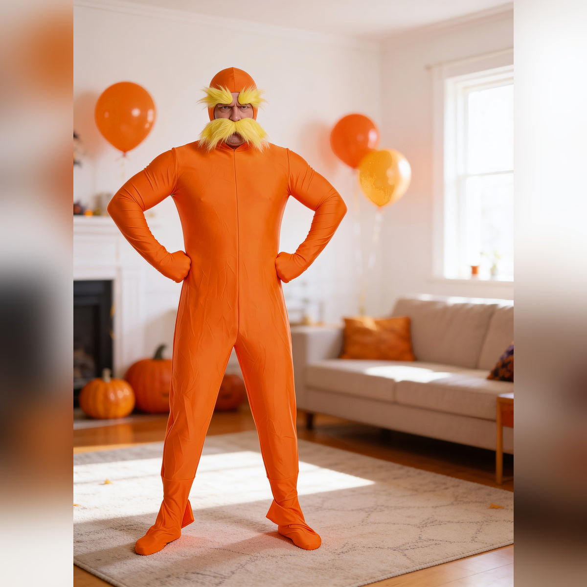 Orange jumpsuit costume with blond mustache and eyebrows at a party with orange balloons