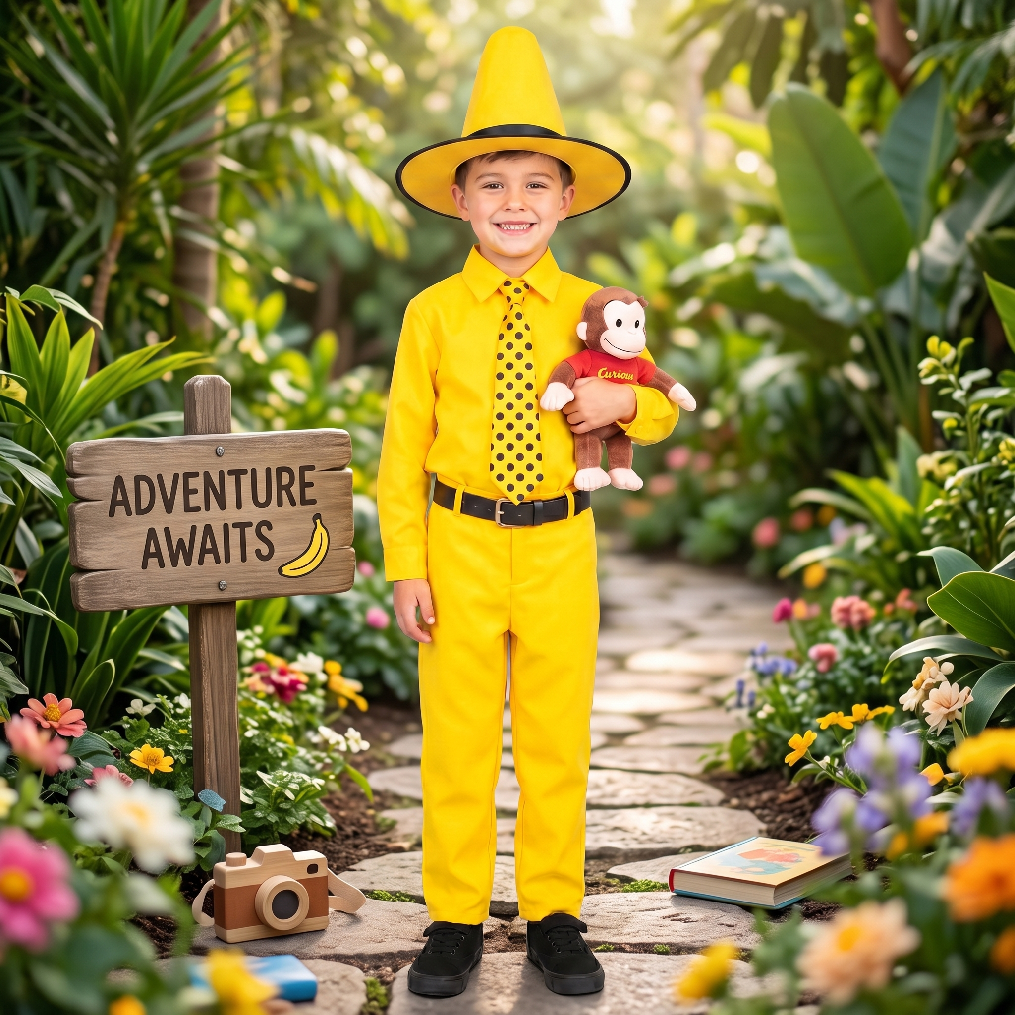 The Man in the Yellow Hat Youth Kids Halloween Cosplay Costume Set