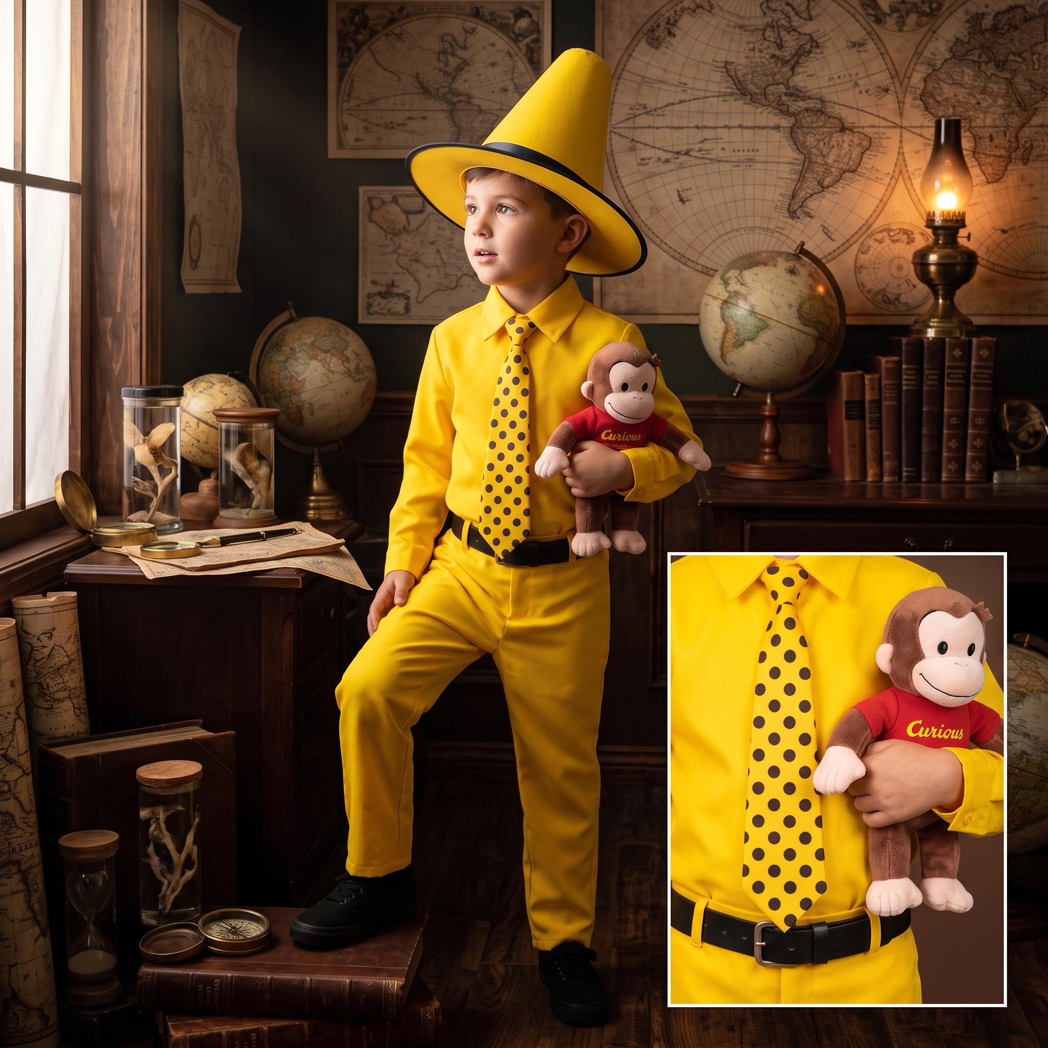 The Man in the Yellow Hat Youth Kids Halloween Cosplay Costume Set