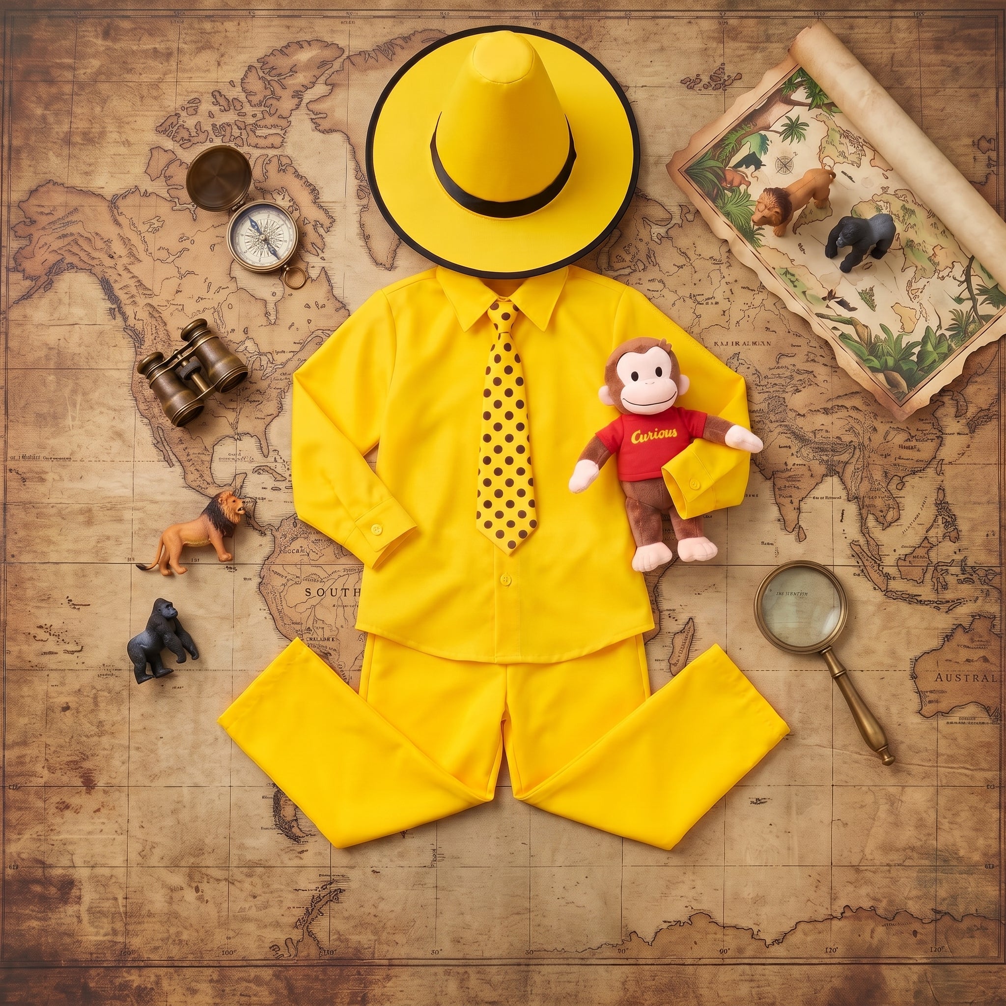 The Man in the Yellow Hat Youth Kids Halloween Cosplay Costume Set