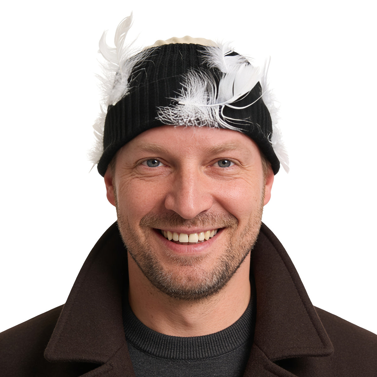 Smiling man wearing the black knit bald cap with white feathers, front view on white