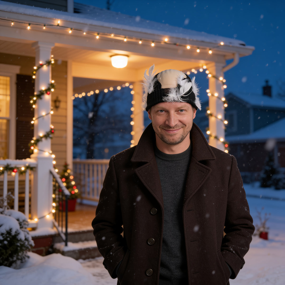 Man in a dark coat wearing the feathered bald cap on a snowy porch with Christmas lights