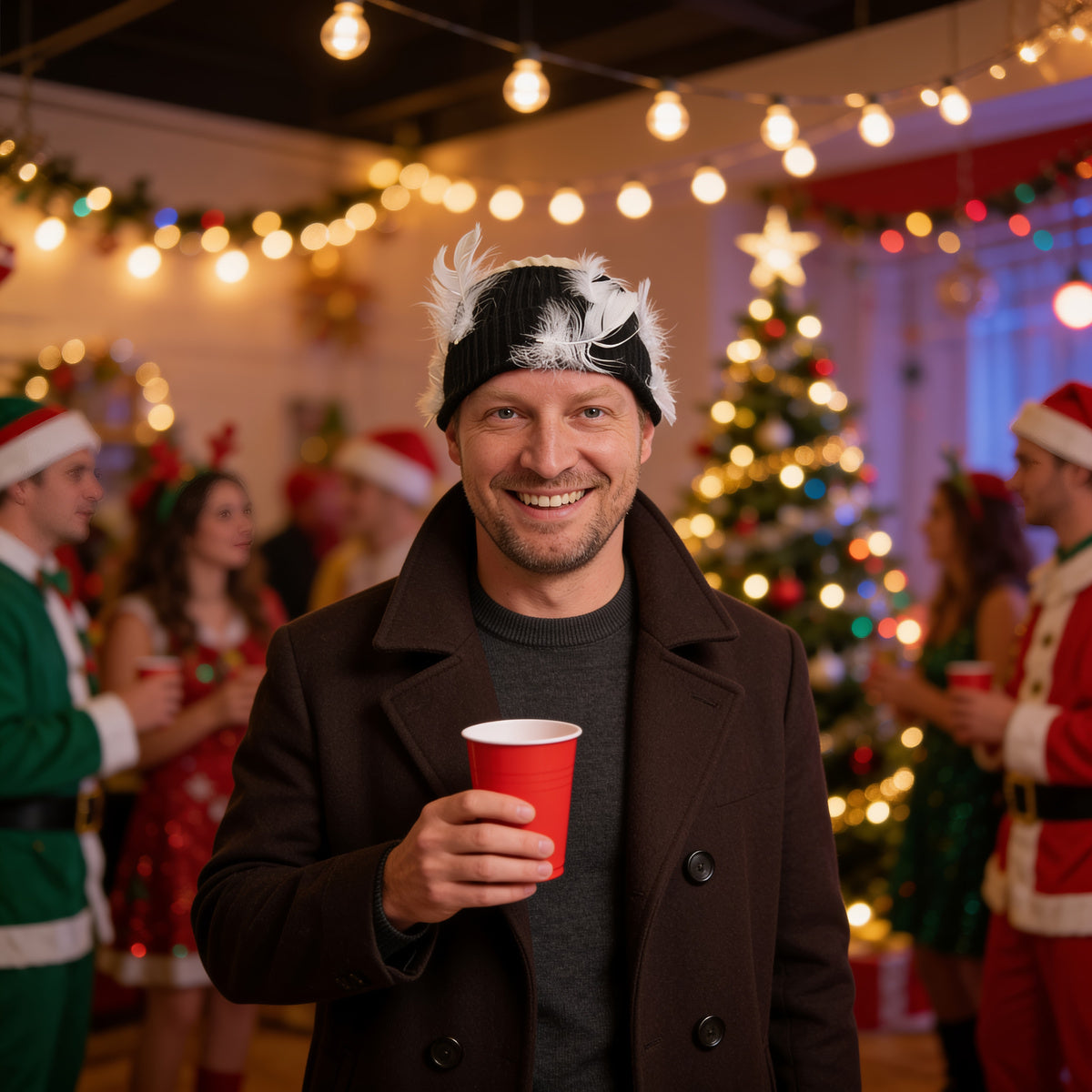 Man holding a red cup at a Christmas party wearing the Harry bald cap with feathers