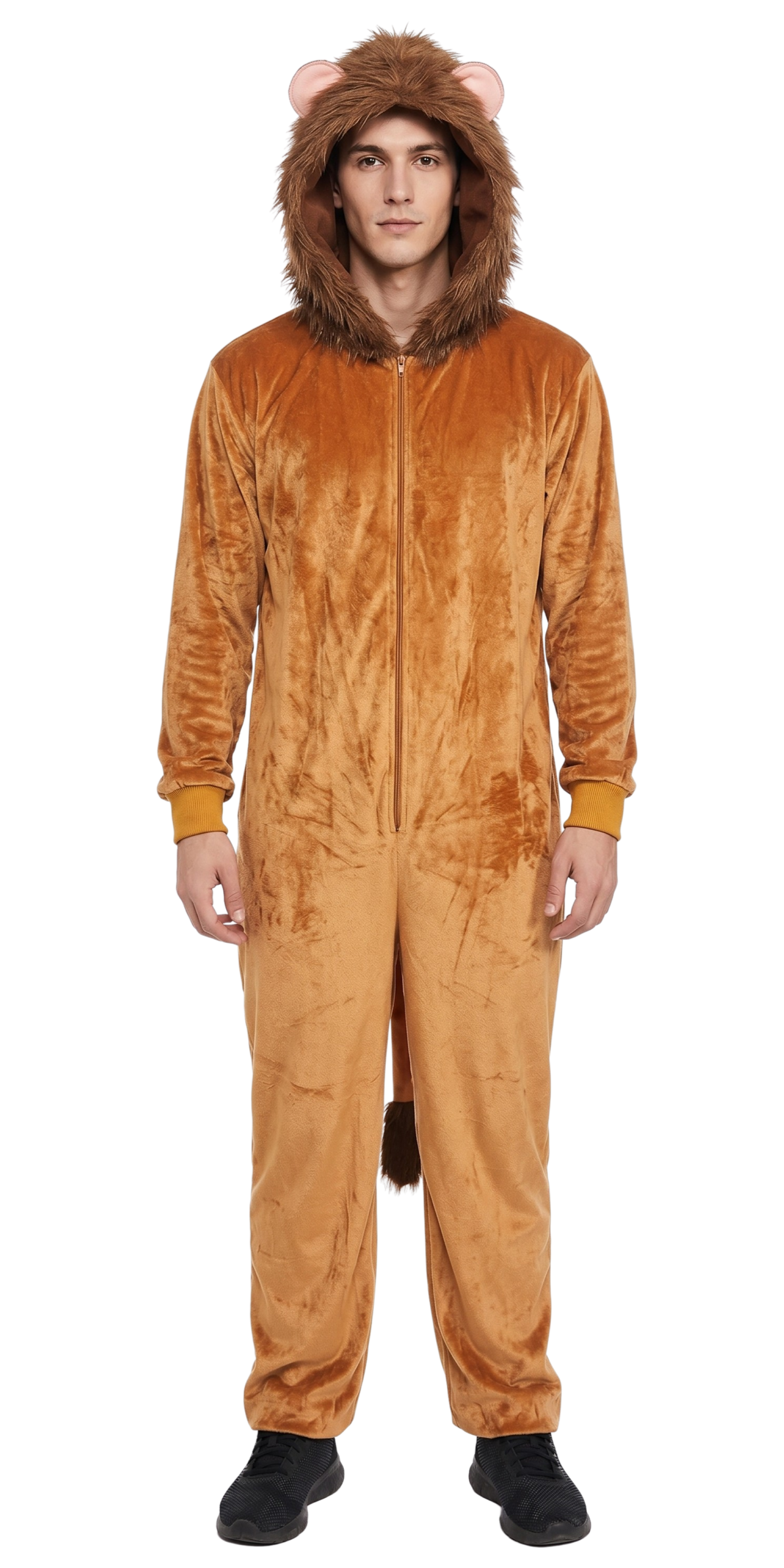 A man wearing a plush WIZARD OF OZ Cowardly lion onesie costume with a hood, brown faux-fur trim, ear tufts, and a tail, shown against a plain white background.