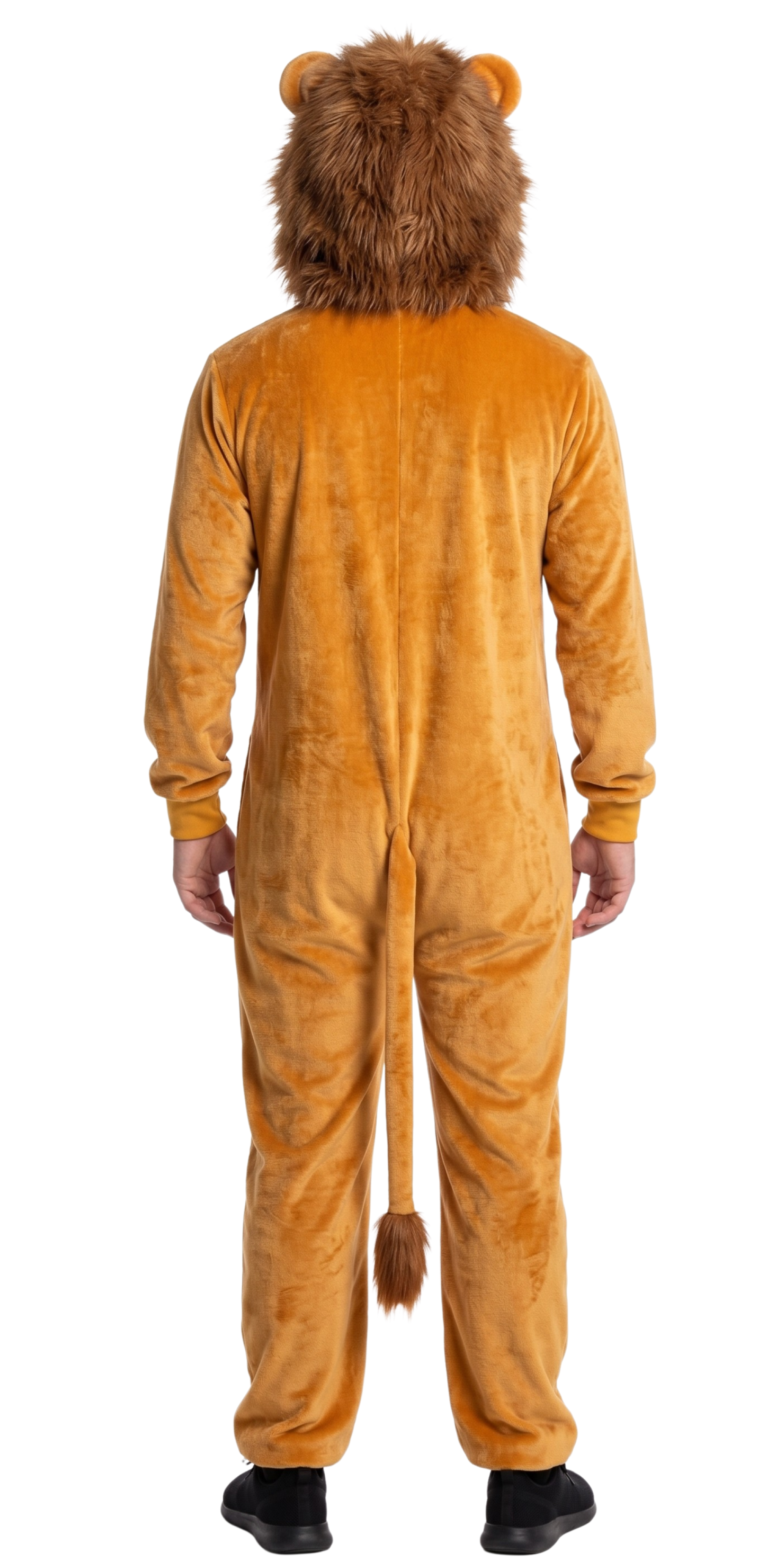 A person viewed from the back wearing a plush lion costume jumpsuit with a brown faux-fur hood, long sleeves, and a long tail, on a plain white background.