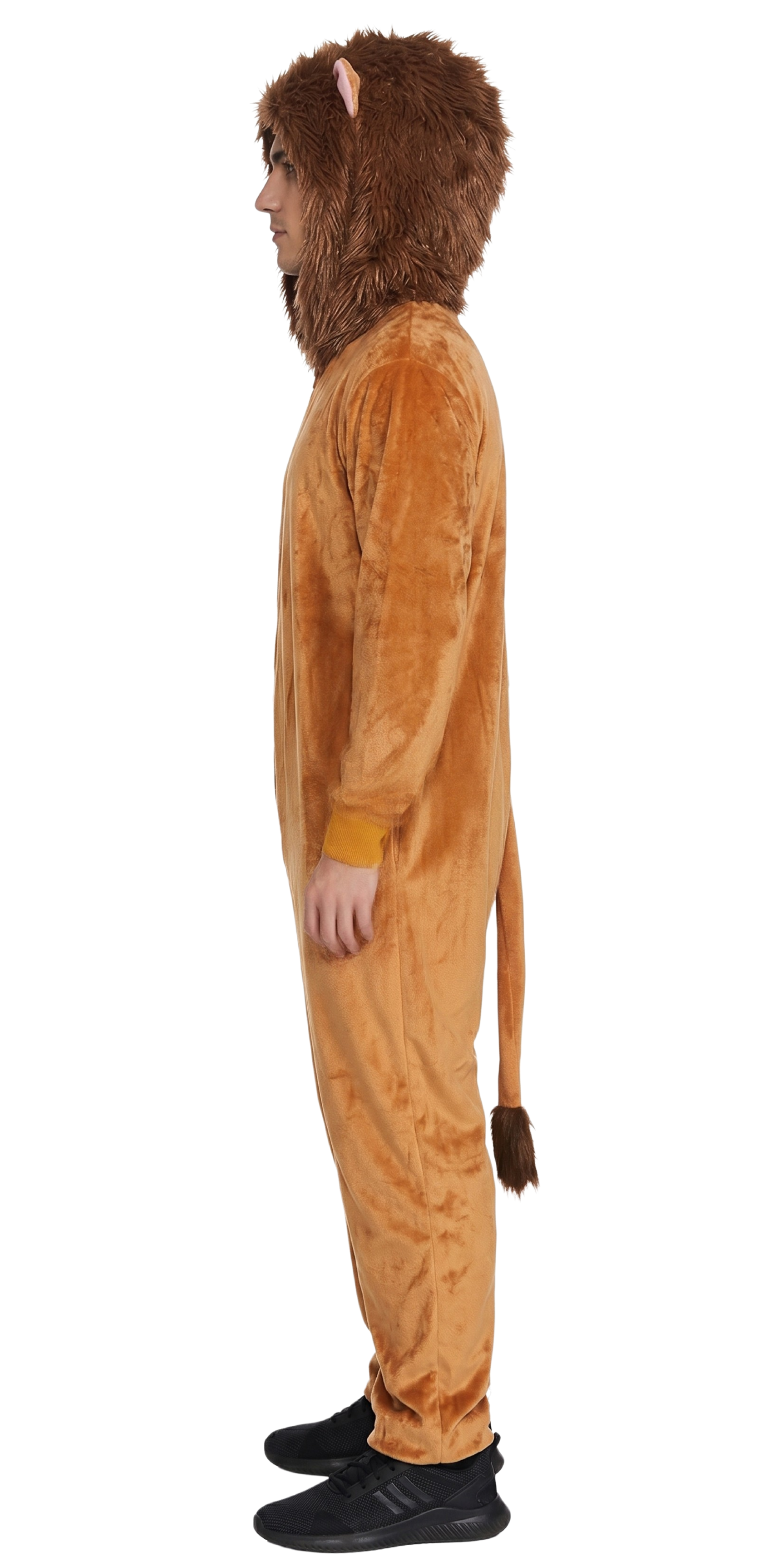 A person wearing a full-body lion costume onesie with a brown furry hood, tail, and ears, shown in side profile against a plain white background.