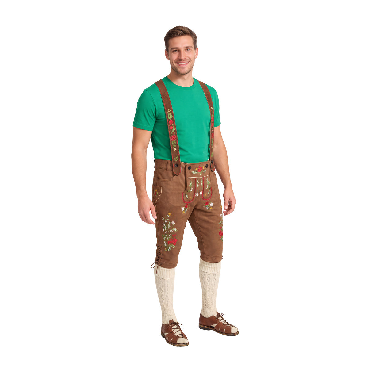 Man in the Green Monster lederhosen costume, three-quarter view on white