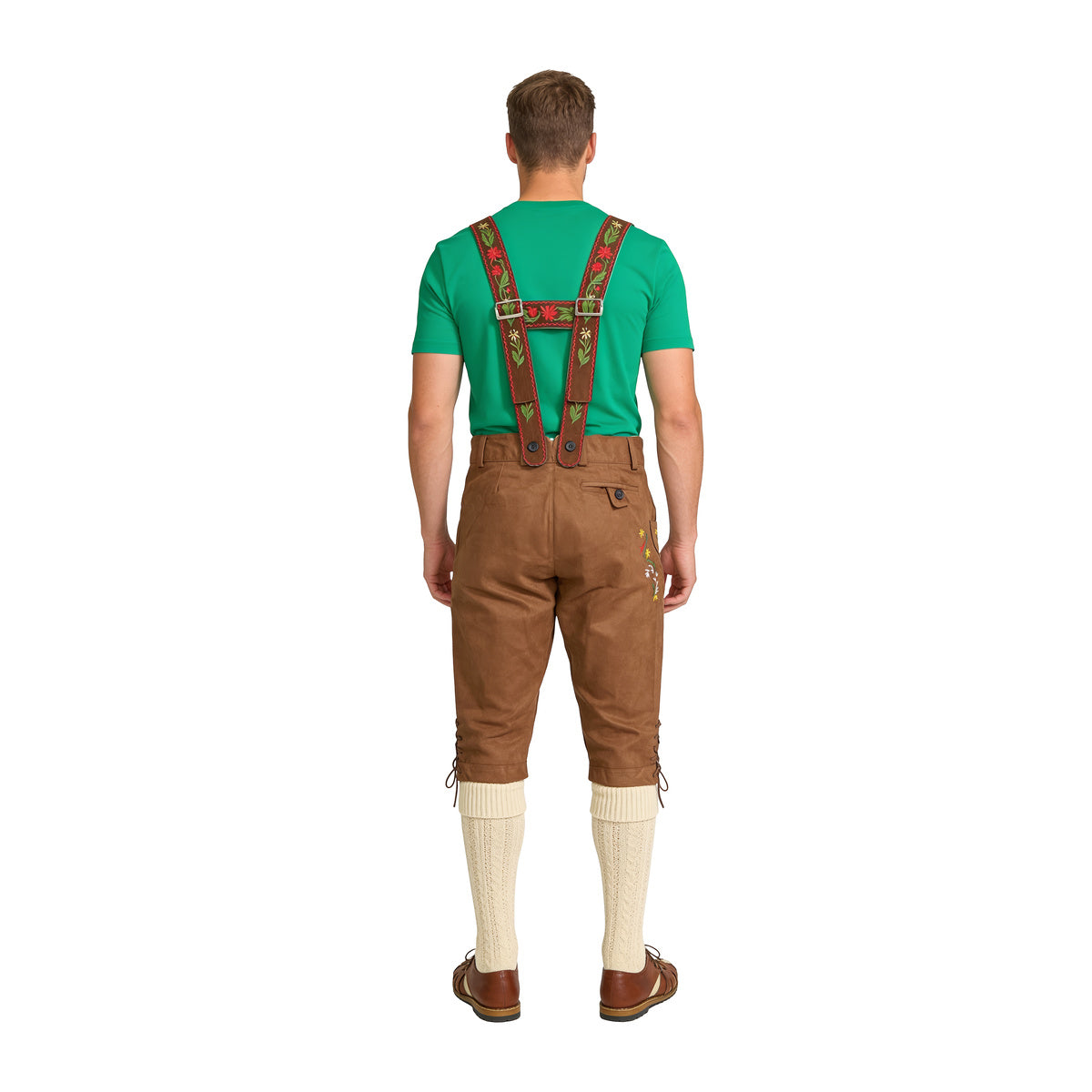 Back view of the brown lederhosen showing the H-back suspenders