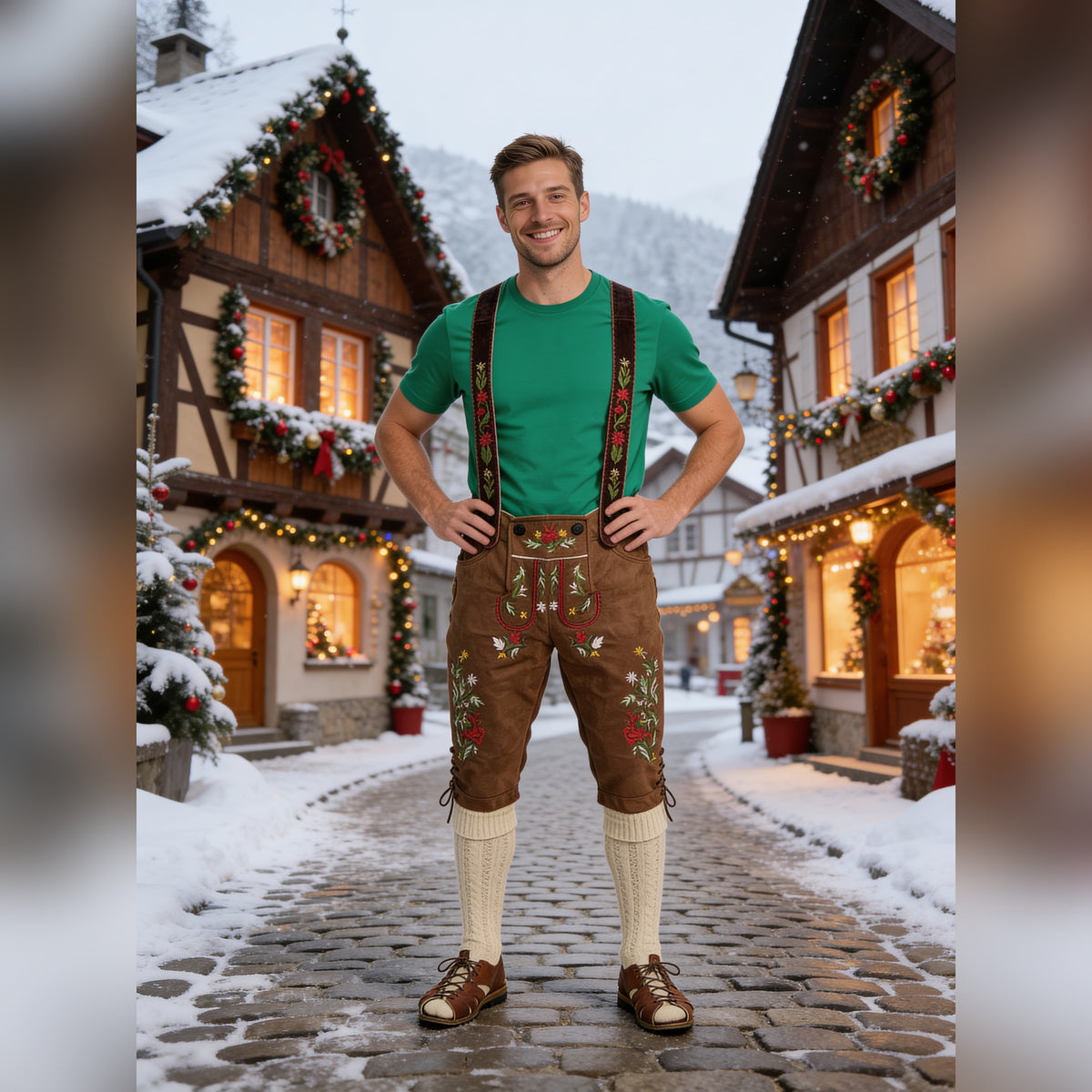 Man on a snowy Alpine village street in the Christmas Green Monster lederhosen